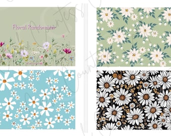 Pode incluir: Quatro padrões florais diferentes com números em cada flor. Os padrões estão em um fundo verde, azul e preto. O texto "Floral Randomizer" está no topo da imagem.