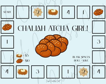 Pode incluir: Um tabuleiro de jogo azul claro com o texto "CHALIAH ATCHA GIRL!" e ilustrações de pão challah, matzá e outras peças de jogo. O tabuleiro tem quadrados numerados e as palavras "BLANK SPACES ROLL SAVE".
