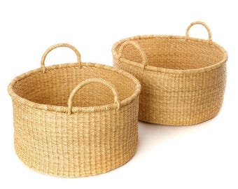 Natural Brown Bolga Laundry Basket | Handwoven African Hamper | Elephant Grass Storage Basket | Rustic Laundry Bin | Ghana Woven Basket