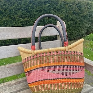 Multicolor Bolga tote basket, African market bag, handwoven shopper tote, Ghana basket with black leather handle, bolga basket