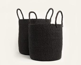 Cesta de lavandería Bolga negra / Cesta tejida a mano con hierba de elefante africano / Cesta de almacenamiento tejida grande / Organización del hogar bohemia