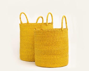 Yellow Bolga Laundry Basket | Handwoven African Elephant Grass Basket | Large Woven Storage Basket  | Boho Home Organization