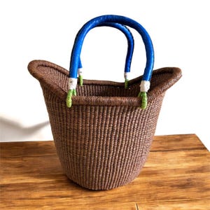 Brown Bolga tote basket, African handwoven market bag, Ghana basket with leather handle, eco-friendly shopper tote, fair trade woven bag