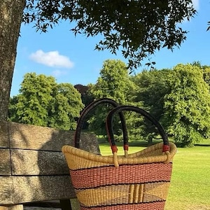 Multicolor Bolga tote basket, African handwoven market bag, Ghana basket with black leather handles, shopper tote, sustainable woven bag