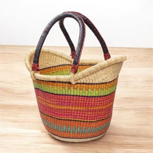 Multicolor Bolga tote basket, African handwoven market bag, Ghana basket with leather handle,  shopper tote, eco-friendly woven bag