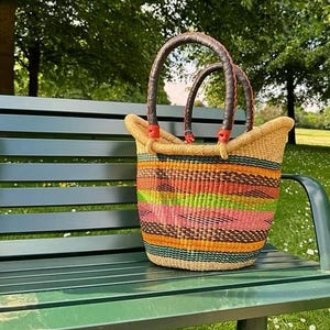 Multicolor Bolga tote basket, African market bag, handwoven shopper tote, Ghana basket with black leather handles, hand woven bag