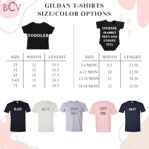 Puede incluir: Imagen que muestra camisetas y bodies Gildan con opciones de tama&ntilde;o y color. La imagen incluye una camiseta negra para ni&ntilde;os peque&ntilde;os y un body negro. Las opciones de color incluyen negro, blanco, gris deportivo, rosa claro y azul marino. Tambi&eacute;n se incluyen tablas de tallas.