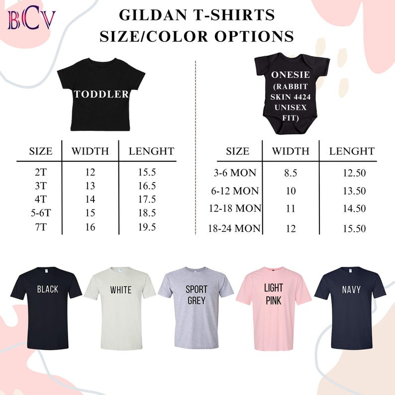 Puede incluir: Imagen que muestra camisetas y bodies Gildan con opciones de tama&ntilde;o y color. La imagen incluye una camiseta negra para ni&ntilde;os peque&ntilde;os y un body negro. Las opciones de color incluyen negro, blanco, gris deportivo, rosa claro y azul marino. Tambi&eacute;n se incluyen tablas de tallas.