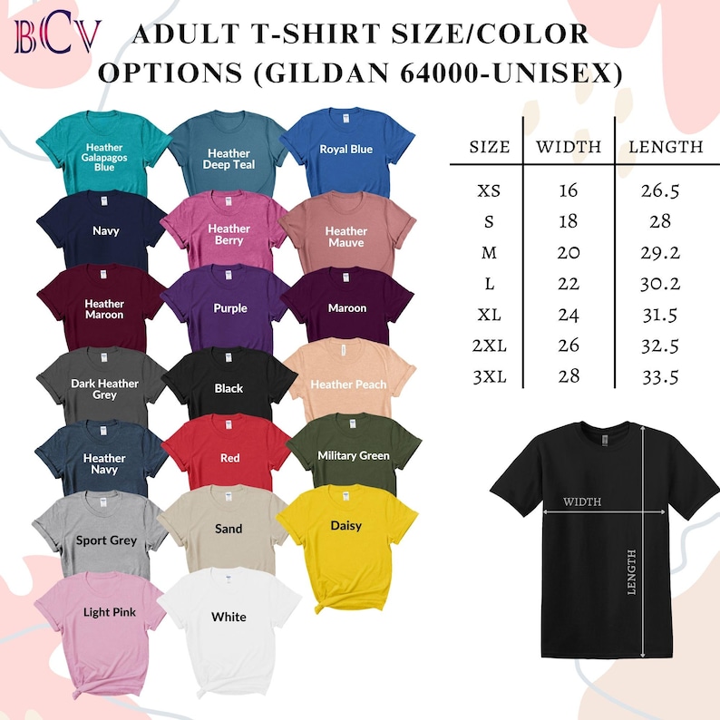 Puede incluir: Una selecci&oacute;n de camisetas unisex para adultos Gildan 64000 en varios colores, incluyendo azul, marino, rojo y negro. La imagen muestra una tabla de tallas con medidas de ancho y largo en cm. El texto "ADULT T-SHIRT SIZE/COLOR OPTIONS" es visible.