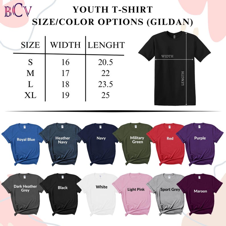 Puede incluir: Gr&aacute;fico de una camiseta juvenil negra con opciones de talla y color. La tabla de tallas enumera las medidas de ancho y largo en pulgadas para las tallas S, M, L y XL. Las opciones de color incluyen azul real, marino jaspeado, marino, verde militar, rojo, morado, gris jaspeado oscuro, negro, blanco, rosa claro, gris deportivo y granate.