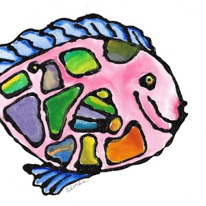 May include: A pink fish with a blue fin and a black outline. The fish is decorated with colorful, abstract shapes in shades of green, purple, yellow, orange, and blue.