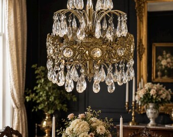 Vintage Hollywood Regency Crystal Prism Gold Waterfall Chandelier