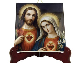 Sacred Hearts of Jesus and Mary Ceramic Tile – Catholic Devotional Art, Immaculate Heart and Sacred Heart Wall Decor, Religious Gift