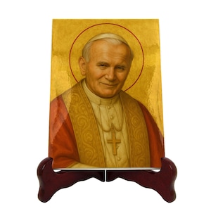 Icône en céramique d&#39;art chrétien de Saint Jean-Paul II, style byzantin fait main pour autel de maison ou cadeau spirituel pour les croyants