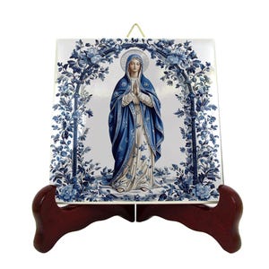 Virgin Mary Ceramic Tile – Blue White Catholic Marian Wall Art Decor