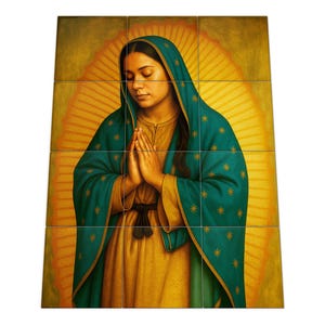 Handmade Our Lady of Guadalupe Tile Mural: Religious Christian Wall Art