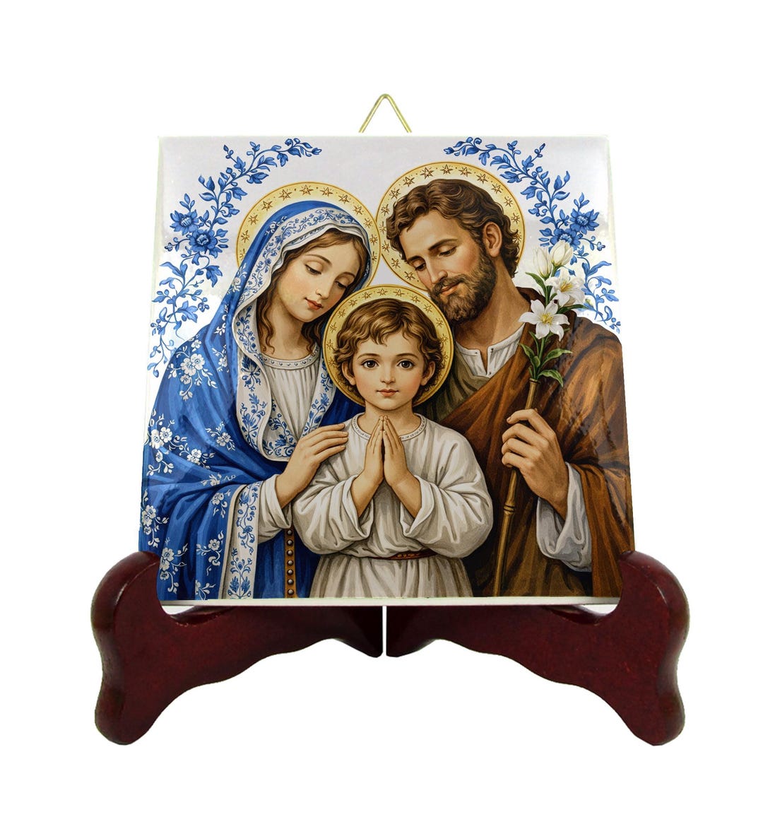 Holy Family Ceramic Icon Catholic Blue White Sacred Art Home Altar Gift ...