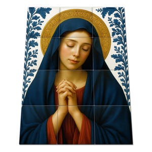 Handmade Madonna Tile Mural: Virgin Mary Catholic Wall Art