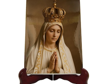 Our Lady of Fatima Ceramic Icon – Catholic Devotional Art, Virgin Mary Wall Tile, Marian Gift, Sacred Home Decor | Flos Carmeli HolyArt