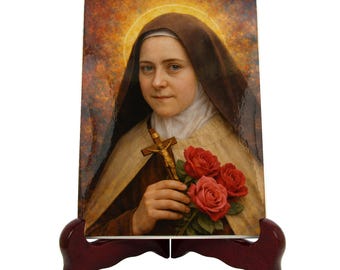 St Therese of Lisieux Ceramic Icon Little Flower Saint, Catholic Carmelite Gift, Roses from Heaven, Confirmation Gift, AQUA Series