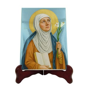 Icona in ceramica di Sant'Adele - Badessa cattolica, patrona dei ciechi, arte murale / Flos Carmeli HolyArt