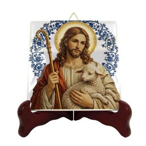 Icona in ceramica del Buon Pastore – Piastrella da parete cattolica, decorazione sacra di Gesù blu e bianco, regalo devozionale cristiano