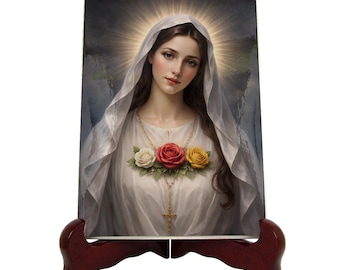 Virgin Mary Rosa Mistica Ceramic Catholic Icon – Mystical Rose Sacred Art Tile for Home Altar