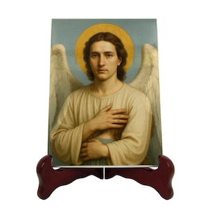 Guardian Angel handmade ceramic plaque, devotional decor for domestic altar, meaningful gift for Catholic faithful