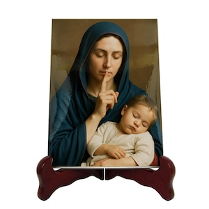 Blessed Virgin Mary Ceramic Icon, Photorealistic Virgin of Silence with Child Jesus for Home Altar, Christian Gift