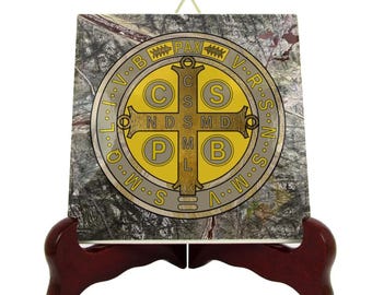 St Benedict Medal Ceramic Icon – Catholic Devotional Art, Protection Cross Wall Art, Religious Gift | Flos Carmeli HolyArt