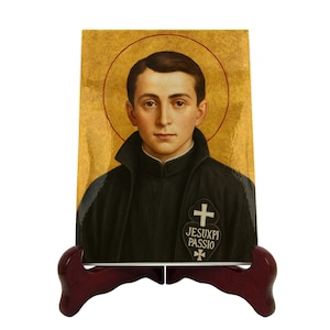 Christian art ceramic icon of Saint Gabriel of Our Lady of Sorrow, handmade Byzantine style for home altar or spiritual gift for believers