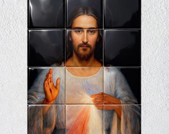 Divine Mercy Jesus Tile Mural – Catholic Wall Art, Merciful Christ Image, Christian Home Decor