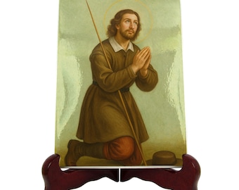 St Isidor der Bauer Keramik Ikone - Katholische Schutzpatronin der Bauern, Rustikale Devotionalie Wand Kunst Geschenk