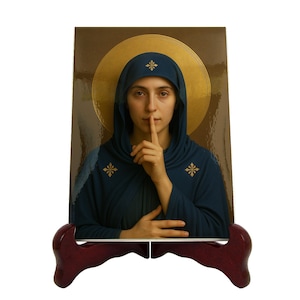 Virgin Mary art handmade ceramic icon, photorealistic Our Lady of Silence for home altar, perfect Christian gift