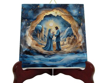 Nativity Scene Ceramic Tile – Catholic Christmas Devotional Art, Birth of Jesus Holy Night Wall Decor, Religious Gift
