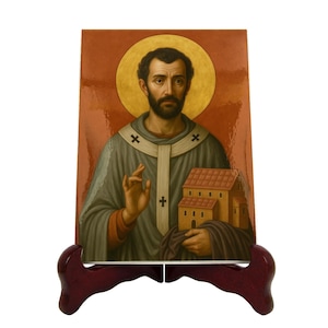 Keramisch icoon Sint-Augustinus van Canterbury, christelijke kunst, katholieke muurdecoratie, christelijk cadeau, missionaris heilige kunst, heilige muurkunst