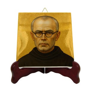 Ikone des Heiligen Maximilian Kolbe - Zeitgenössische byzantinische Keramikfliese von Flos Carmeli HolyArt