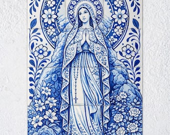 Arte de azulejos marianos azules: arte mural cristiano, icono sagrado/arte devocional, mural cerámico
