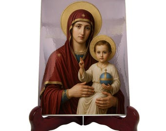 Virgin Mary and Child Ceramic Icon – Catholic Marian Devotional Art, Madonna Jesus Wall Art, Religious Gift | Flos Carmeli HolyArt