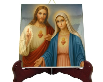 Sacred Hearts Ceramic Catholic Icon – Jesus and Mary Devotional Wall Art, Religious Gift for Home Altar
