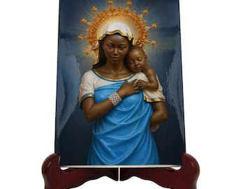Icona in ceramica della Madonna di Bisila - Madonna con Bambino africana, arte mariana cattolica, piastrella della Vergine Maria nera, regalo religioso