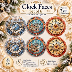 May include: A set of 6 circular clock faces for DIY projects, each measuring 2.76 inches in diameter. The collection includes 3 distinct designs with 2 pieces each, featuring ornate architectural and celestial illustrations with Roman numerals.