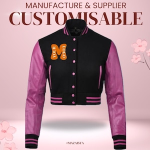 Black and pink cropped varsity jacket | customised leather & wool jacket for women