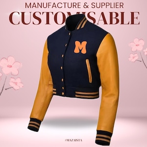 Womens Crop jacket  |  bomber jacket for women| leather sleeves & wool body | Blue and yellow crop jacket