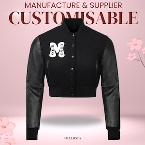 Black cropped varsity jacket | customised leather & wool jacket for women