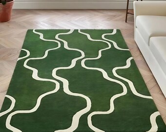 Hand Tufted Green & White 100% Nz Wool Area Rug Abstract Modern Handmade Rug For Living Room Bathroom