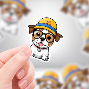 Cartoon Dog with a Hat & Glasses Cute Sticker for Water Bottle | Premium Die Cut Stickers | Premium Vinyl Waterproof Sticker | FAST SHIPPING
