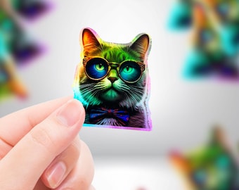 Cat in Bow-Tie & Glasses Holographic Sticker