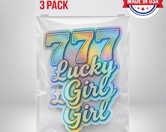 3PC 777 Lucky Girl Holographic Stickers - Waterproof Vinyl Decal with Angel Numbers 777