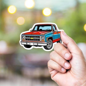 Square Body Chevy Die Cut Sticker on Premium Waterproof Vinyl with UV Gloss Held in Hand